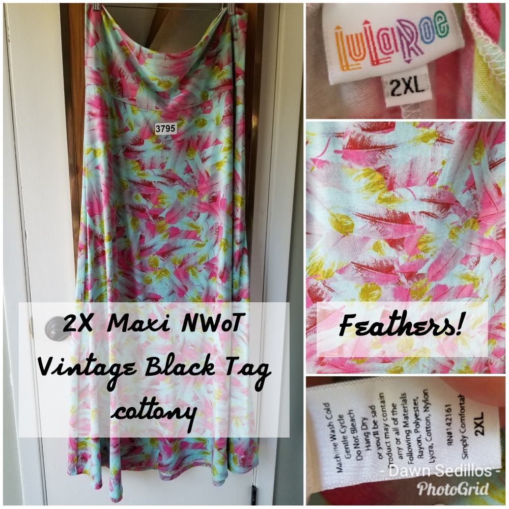 #3795 Lularoe Maxi 2X Vintage Black Tag feathers